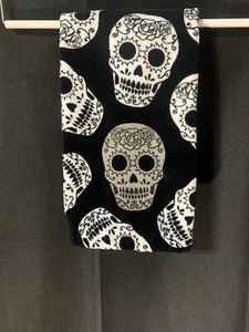 Sugar Skull Hand Towel Dish Cloth Silver Glitter Black White 25" x 15" - Picture 1 of 8
