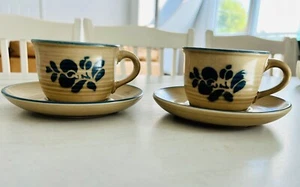 Vintage Pfaltzgraff Folk Art Coffee/Tea Cups WITH Saucers!! Blue & Beige - Picture 1 of 10