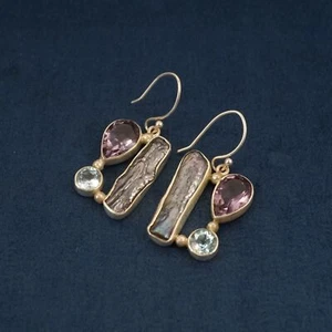 Sterling Silver Purple & Blue Stone Biwa Pearl Earrings - Free Shipping USA - Picture 1 of 4
