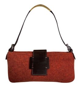 RARE Authentic Fendi Baguette Small Red Wool Brown Leather Shoulder Bag
