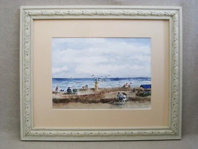 Large Beach Landscape Watercolor Painting Original Framed Vintage Portrait - Image 1 of 3