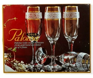 ^ Set of 4 of Paloma Crystal Glass Stemware 24 kts .Gold Decorated flutes - Picture 1 of 5
