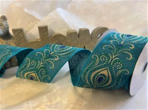Eleganza PEACOCK FEATHER burlap style (653788) - Luxury Wire edge Ribbon 63mm - Picture 1 of 2