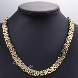 11mm Mens Chain Gold Plated Flat Byzantine Stainless Steel Necklace Chain Gift - Picture 1 of 4