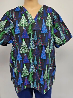 Womens Scrub Top Butter-Soft by UA Cotton Blend 3X Winter Christmas Trees Black - Image 1 of 4
