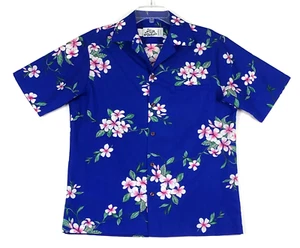 Vintage Hilo Hattie Shirt Mens M Blue Pink Floral Polyester Aloha Hawaiian USA - Picture 1 of 8