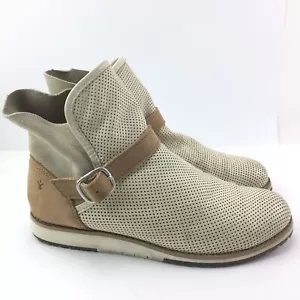 Emu Australia Lorne Beige & Tan Suede & Perforated Leather Buckle Booties Size 8 - Picture 1 of 9