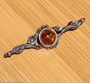 Antique Honey Amber Dome Brooch Pin Sterling Silver Floral Motif with Petina 2" - Picture 1 of 9