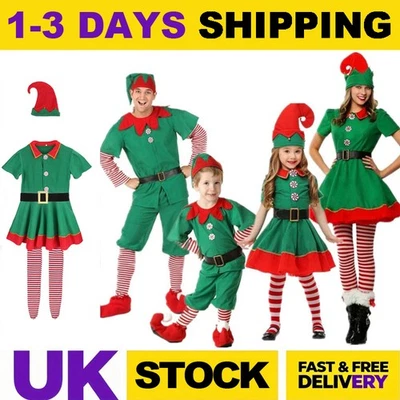 Adults Kids Christmas Elf Costume Cosplay Fancy Dress Xmas Santa Helper Outfits - Image 1 of 4