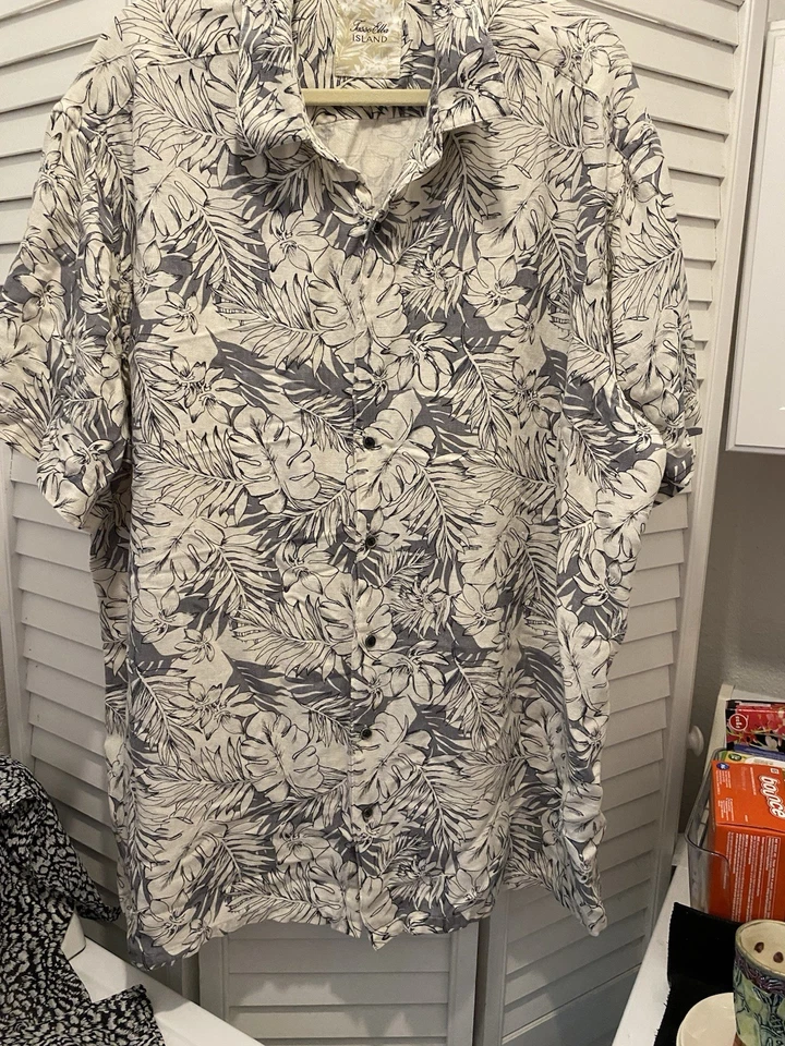 TASSO ELBA Men's Linen “Hawaiian Shirt Short Sleeves” Size 2XLT Ivory/Gray EUC - Image 1 of 4