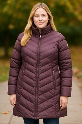 Abrigo acolchado de plumón Eddie Bauer Plus 3X ciruela chaqueta de longitud media plumón de ganso para mujer Foto 1 de 4