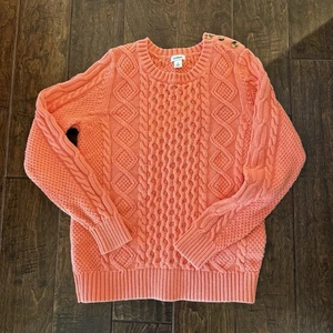 EUC LL BEAN WOMEN S DOUBLE L MIXED CABLE KNIT SWEATER CREWNECK Salmon Orange - Picture 1 of 8