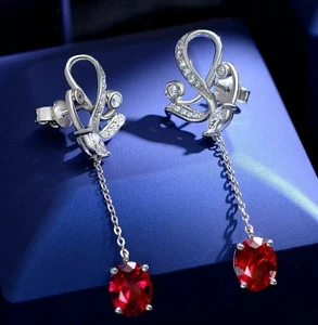 Pendiente gota de lujo de rubí rojo creado en laboratorio de corte ovalado de 2,50 quilates enchapado en oro blanco de 14 k - Imagen 1 de 6