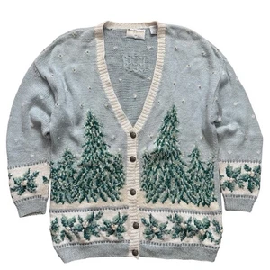 VTG 90s Marisa Christina II Christmas Sweater Plus 1X Snow Scene Trees Cardigan - Picture 1 of 10