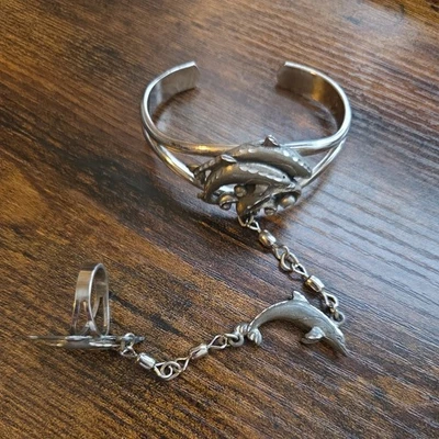 Vintage Signed EJC 95 96 Pewter Dolphins Cuff Bracelet & Size 8 Ring Set - Image 1 of 4