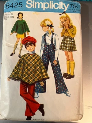 Vtg Sewing Pattern-Simplicity #8425 Sz 14 Girls-poncho, skirt, bell-bottom pants - Image 1 of 2