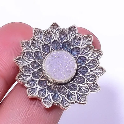 Titanium Opalite Agate Drusy 925 Sterling Silver Bali Flower Ring s.6 R7460-22 - Image 1 of 4