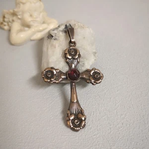 Kreuz Granat Anhänger Trachten Firmung Vintage Silber 925/- Antik Vergoldung - Bild 1 von 5