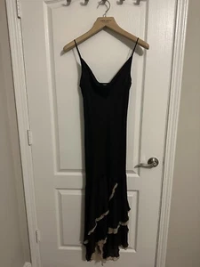 NWT VTG Y2K Express Silk Black Tan ruffle drape neck sheer overlay Dress 11/12 - Picture 1 of 5