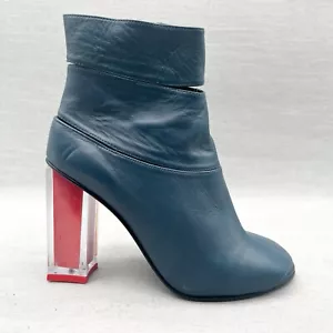 Miista Womens 36 6 Bootie Shoes Blue Leather Cut Out Lucite Heels Peep Toe Zip - Picture 1 of 14