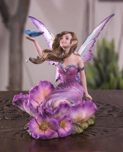 Whimsical Fantasy Fuchsia Pink Flower Fairy With Blue Butterfly Figurine - Picture 1 of 9