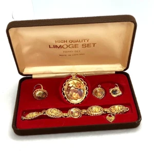 Set Limoge collana tono oro anello bracciale e 2 x ciondoli vintage in scatola - Foto 1 di 20