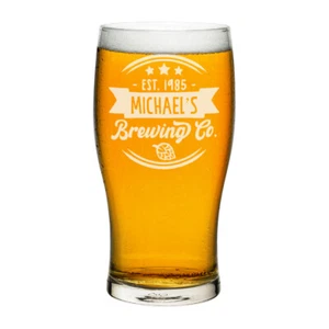 Personalised Pint Glass Brewing Co Round Logo Craft Beer Custom Dad Birthday - Picture 1 of 1