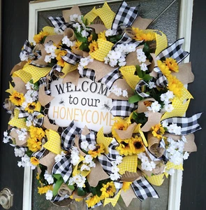 Welcome Honeycomb Bee Summer Sunflower Country Farmhouse Door Deco Mesh Wreath - Picture 1 of 7
