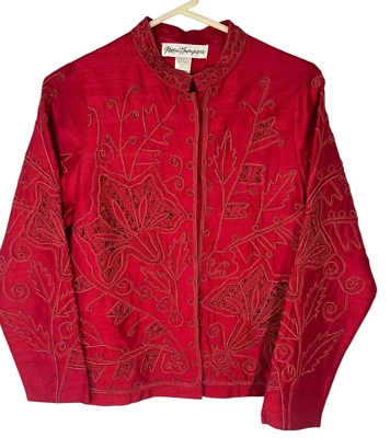 Chaqueta roja bordada de seda vintage para mujer Norm Thompson con cuentas M Foto 1 de 4