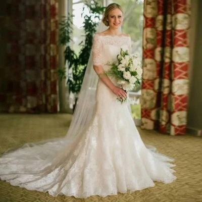 Lace Half Sleeve Mermaid Wedding Dresses Boat Neck Court Train Bridal Gowns - Image 1 of 4