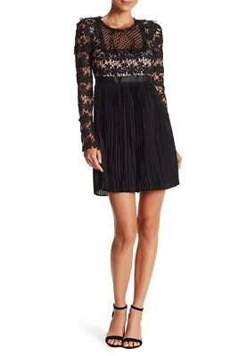 Romeo & Juliet Couture Black Long Sleeve Pleated Lace Dress Sz M $218 - Image 1 of 2