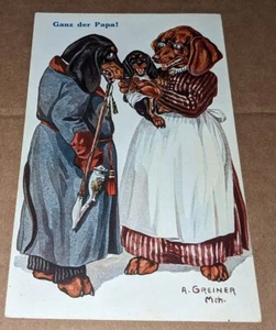 Cartolina Bassotto Famiglia Antropomorfa Arte Card Greiner Tedesca Francobollo - Foto 1 di 2