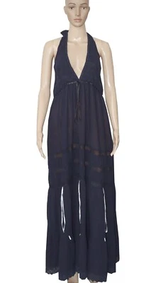 Maxi Vestido Free People Crochet Encaje Ribete Cinta Azul Marino Sin Espalda Halter Nuevo S Foto 1 de 4