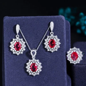 Set gioielli a grappolo tennis ovale zirconi rossi creativi ciondolo collana orecchini anello - Foto 1 di 17