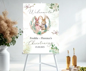 Personalised twins bunny christening Welcome sign, A3 poster, banner, backdrop - Picture 1 of 2