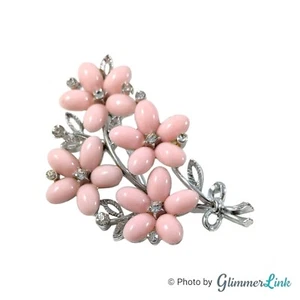 Vintage 1960s Lisner Pink Lucite Floral Rhinestone Silver Tone Brooch - Picture 1 of 7
