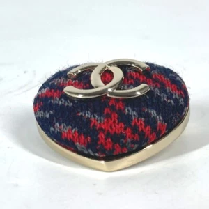 CHANEL B22K Heart Coco Mark CC Brooch Tweed Women's Jewelry Navy x Red - Picture 1 of 10
