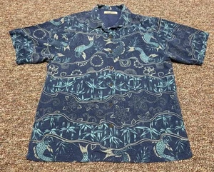 Tommy Bahama 100% Silk Button Up Camp Shirt Hawaiian Mens Large Blue Floral Fish - Picture 1 of 9