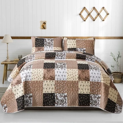Brown Patchwork Quilt Set California King Size,3 Pieces Khaki Floral Plaid Rever - Image 1 of 4
