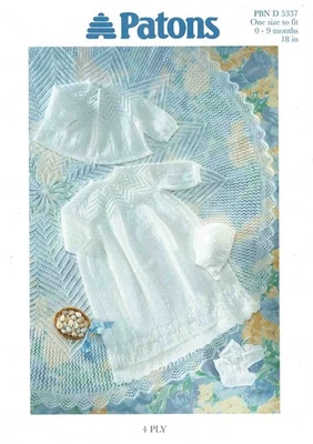 Baby Christening Layette Cardigan Bonnet Shawl 46cm 18in Patons 5337 Pattern - Image 1 of 2