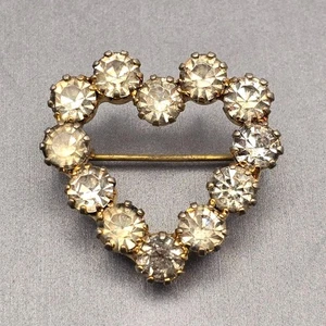VTG Clear Paste Stones Open Heart Brooch Pin 1.25" Gold-Tone Prong Setting Love  - Picture 1 of 6