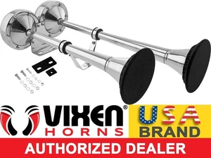 LOUD DUAL TRUMPET MARINE GRADE/BOAT STAINLESS STEEL AIR HORN W/COVERS 12V - Picture 1 of 7