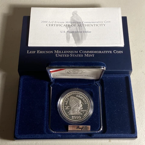 2000 Leif Ericson US Mint Commemorative Proof 90% Silver Dollar Coin Box & COA Cover