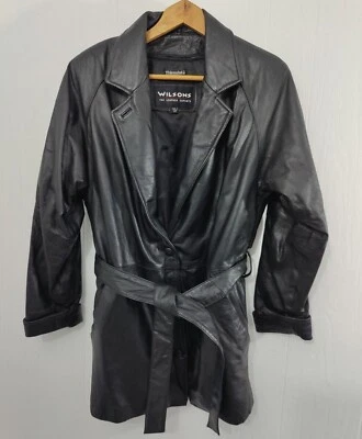 Chaqueta Abrigo Wilson's Cuero Negro con Cinturón y Forro con Cremallera Talla XS Para Mujer Foto 1 de 4