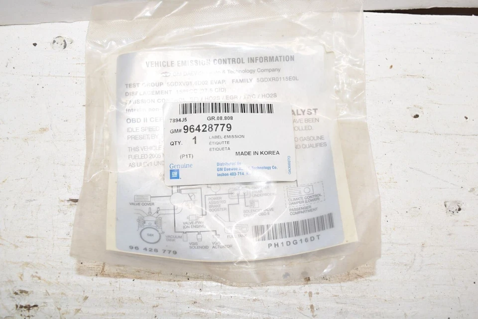 Chevrolet GM 2005 OEM etiquetas Aveo - etiqueta de emisión 96428779 - B18-28 Foto 1 de 1
