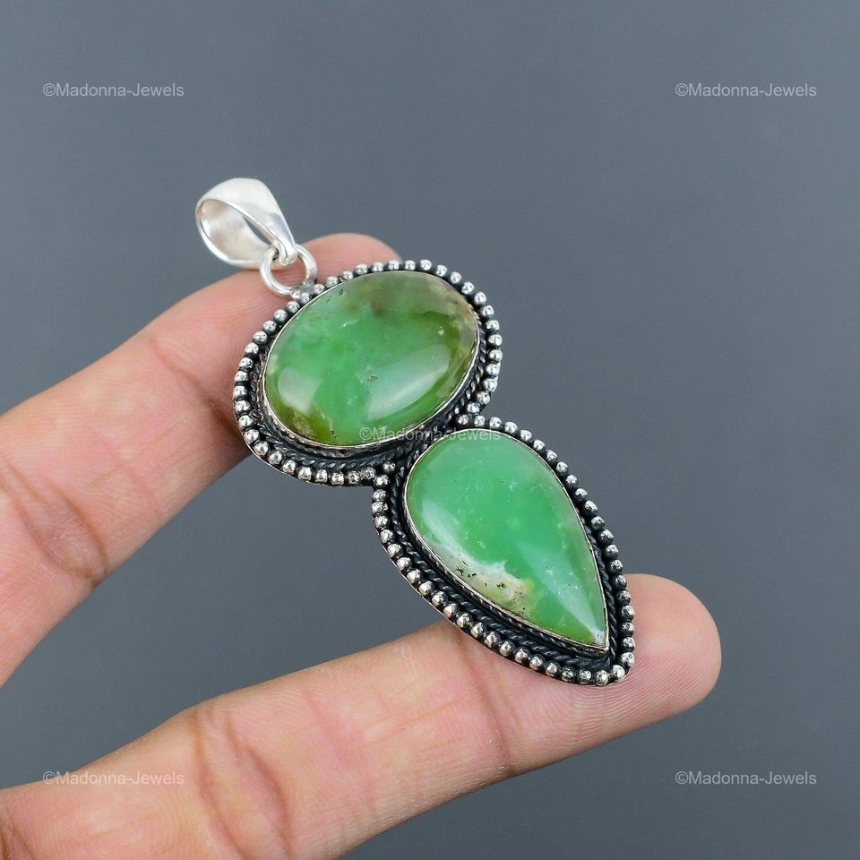 Женская винтажная подвеска из стерлингового серебра 925 пробы с натуральным хризопразом - Изображение 1 из 4
