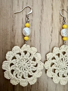 Handmade Crochet Floral Earrings – Delicate Beige with Yellow Accents - Picture 1 of 5