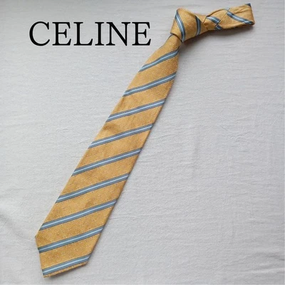 Celine Silk Tie Yellow & Blue Striped Monogram 100% Silk Used - Image 1 of 4