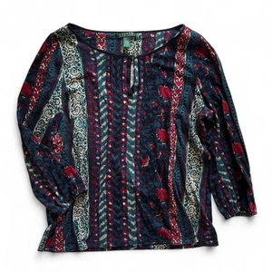 Lauren Ralph Lauren Top Azul y Rojo Boho Paisley/Floral Manga Larga Grande - Imagen 1 de 4