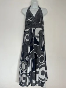 Monsoon Navy Blue & Ivory Print Halter Neck Dress Size 12 Geometrical Asymmetric - Picture 1 of 7